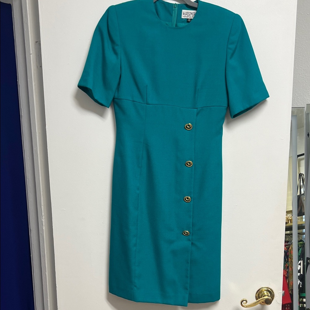 Kasper Teal Short Sleeve Mini Dress with Gold Swirl Buttons XS 80s Vintage 2P